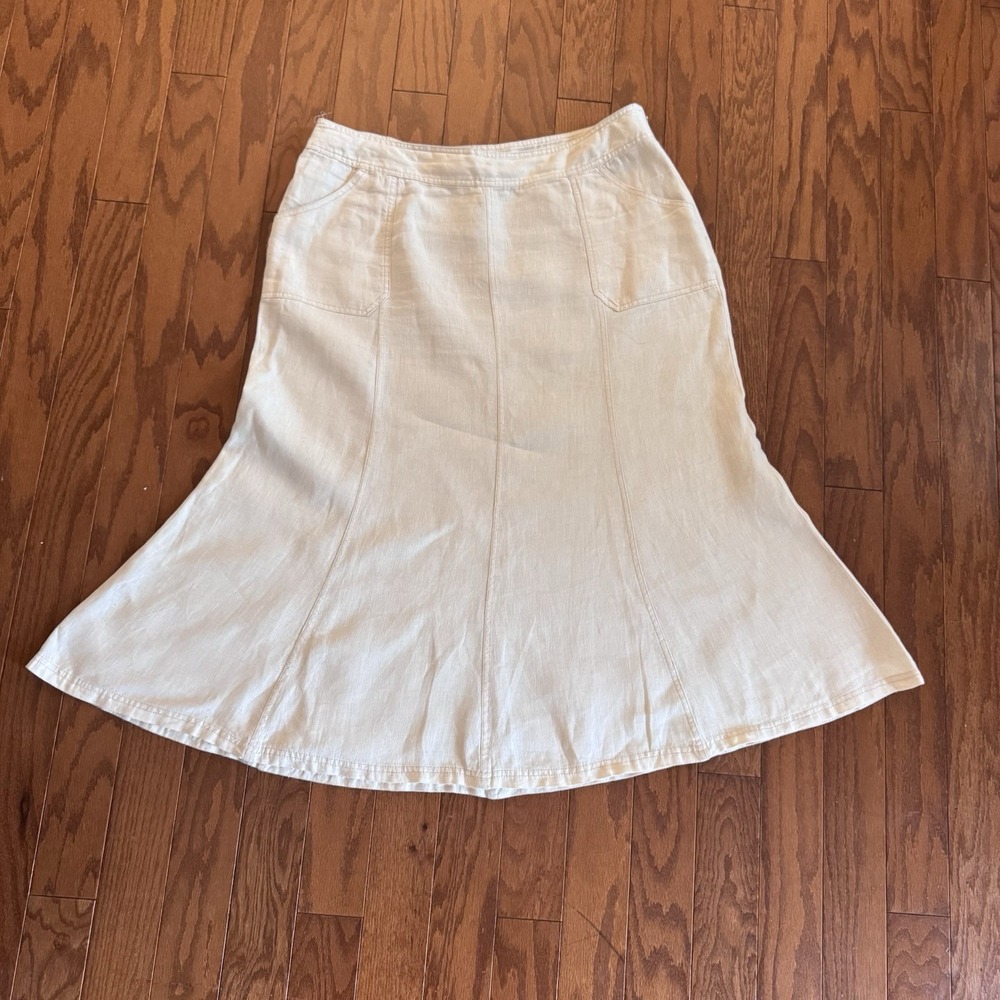 JM collection 100% Linen Sz 16 Cream Skirt A-Line Midi Summer Boho Cottage Flare